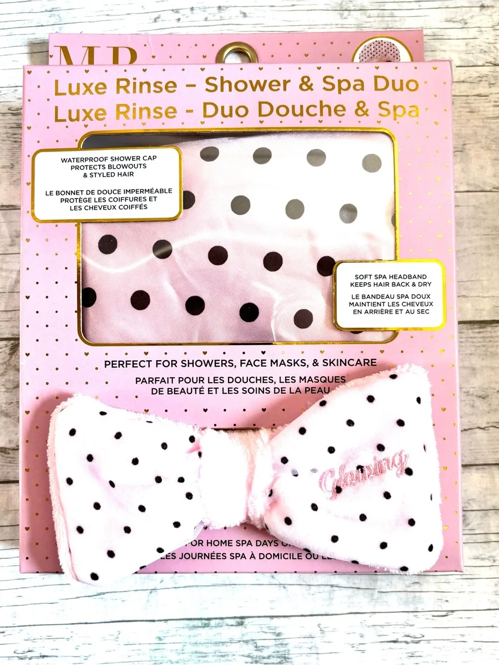 NWT Luxe Rinse Shower & Spa Duo Set Pink Polka Dot